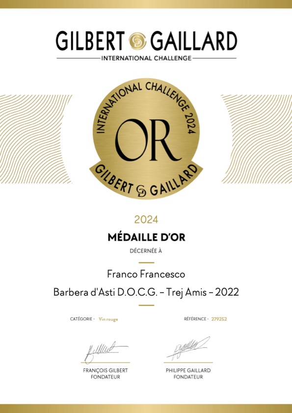 Medaglia Oro - Gilbert & Gailard International Challenge 2024  - Barbera Asti DOCG - Trej Amis